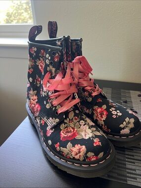 Dr. Martens Black Floral Ankle Boots with Pink Laces